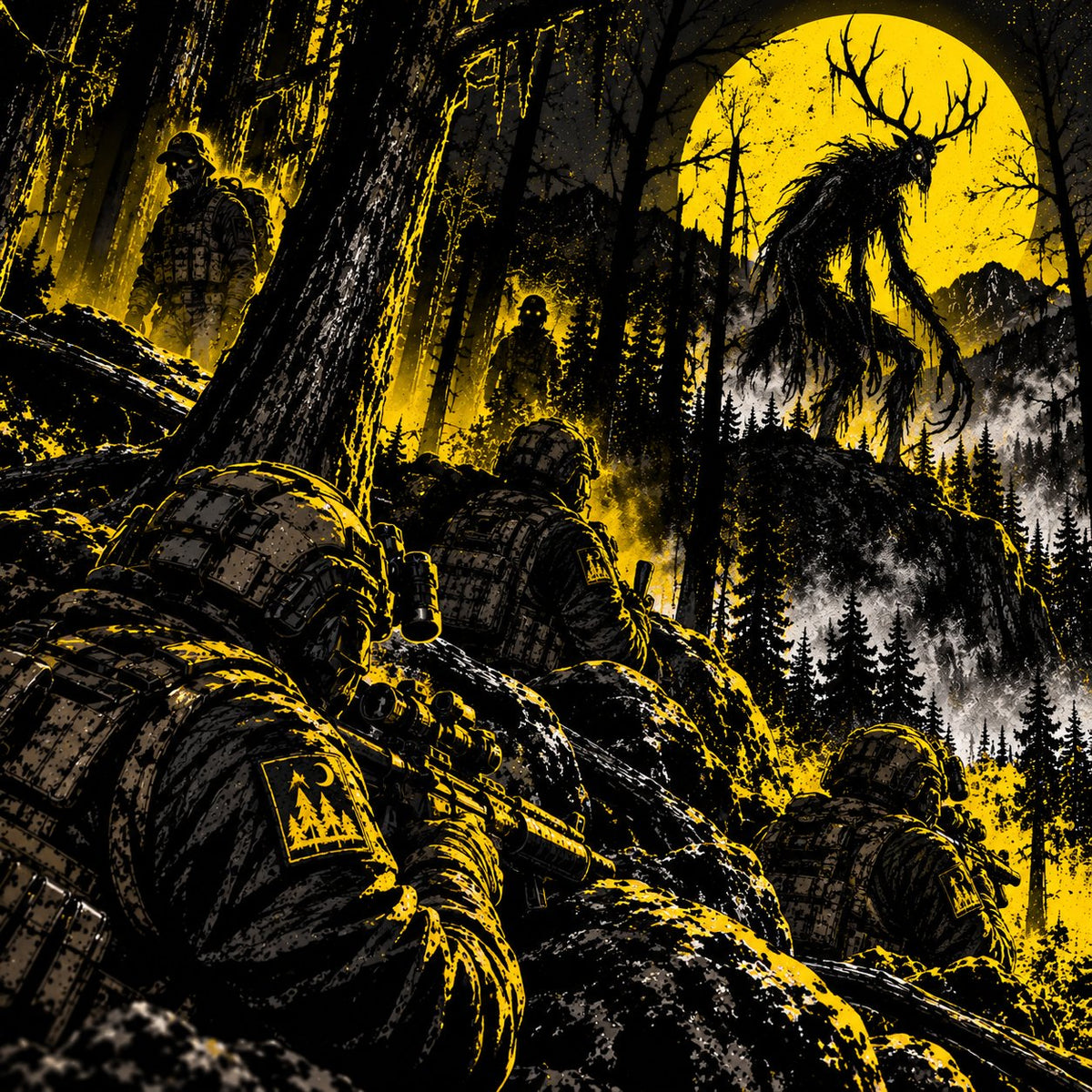 Operation Echo Lantern artwork - antlered figure on the ridgeline