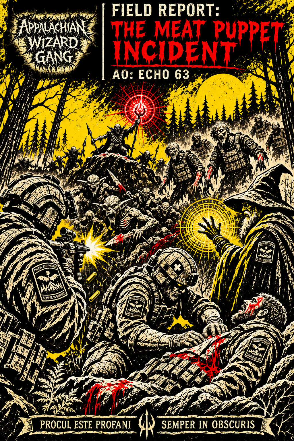 Appalachian Wizard Gang field report artwork for The Meat Puppet Incident - Bravo Squad operators and a wizard fighting goblins and reanimated figures wearing AWG gear in Echo 63.