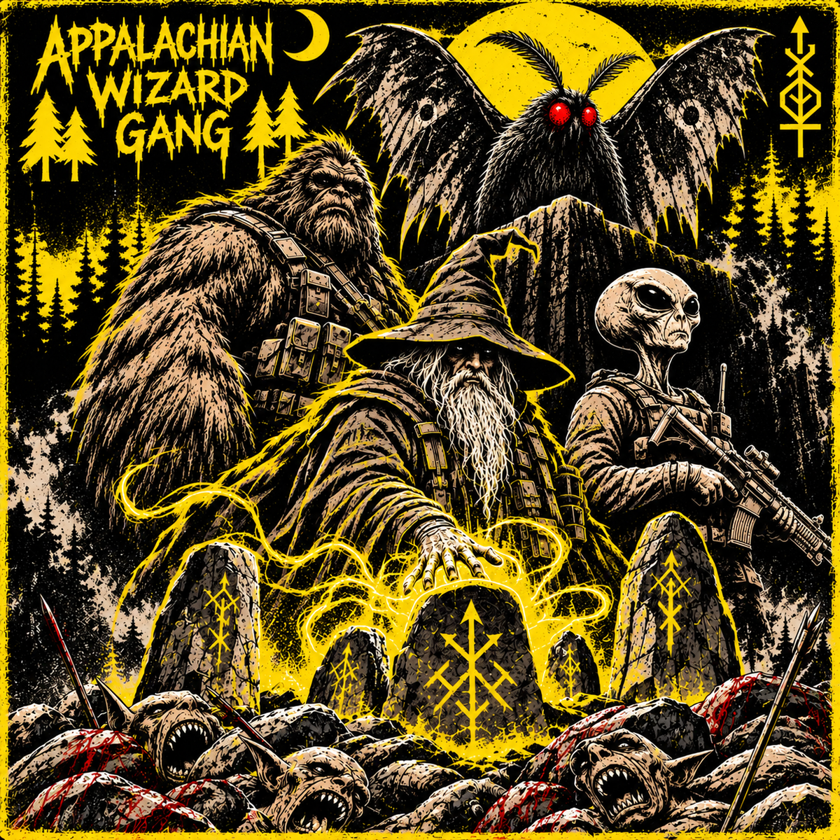 Operation Bad Neighbor II field report artwork - Magus Actual with Pappa Squatch, Grey Bro, and Mothman standing over defeated goblins at a ring of carved standing stones in Echo 63.