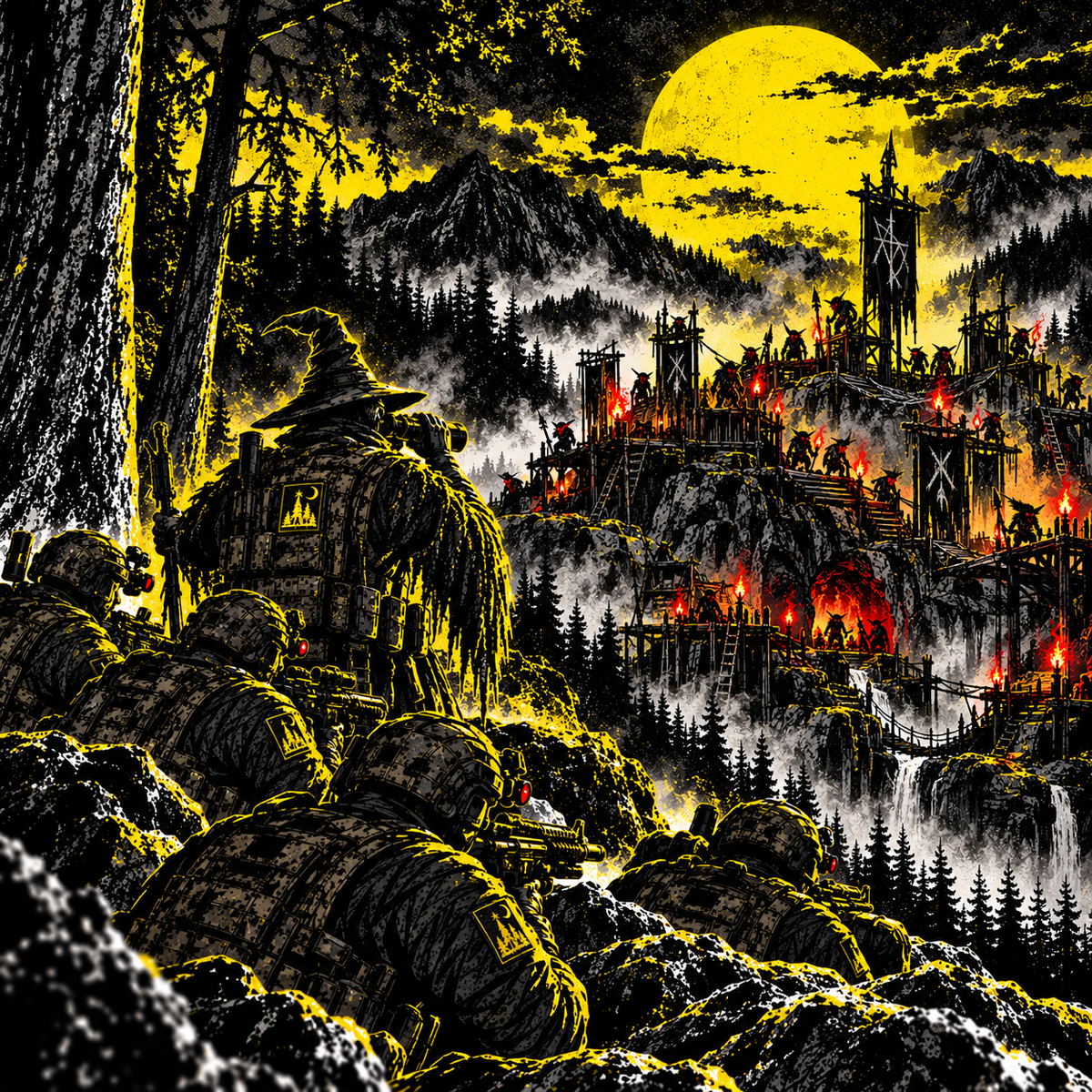 Operation Bad Neighbor field report artwork - Bravo Squad and a thaumaturge in ghillie gear observing a fortified goblin settlement on the northern ridgeline of Echo 63 under a yellow moon.