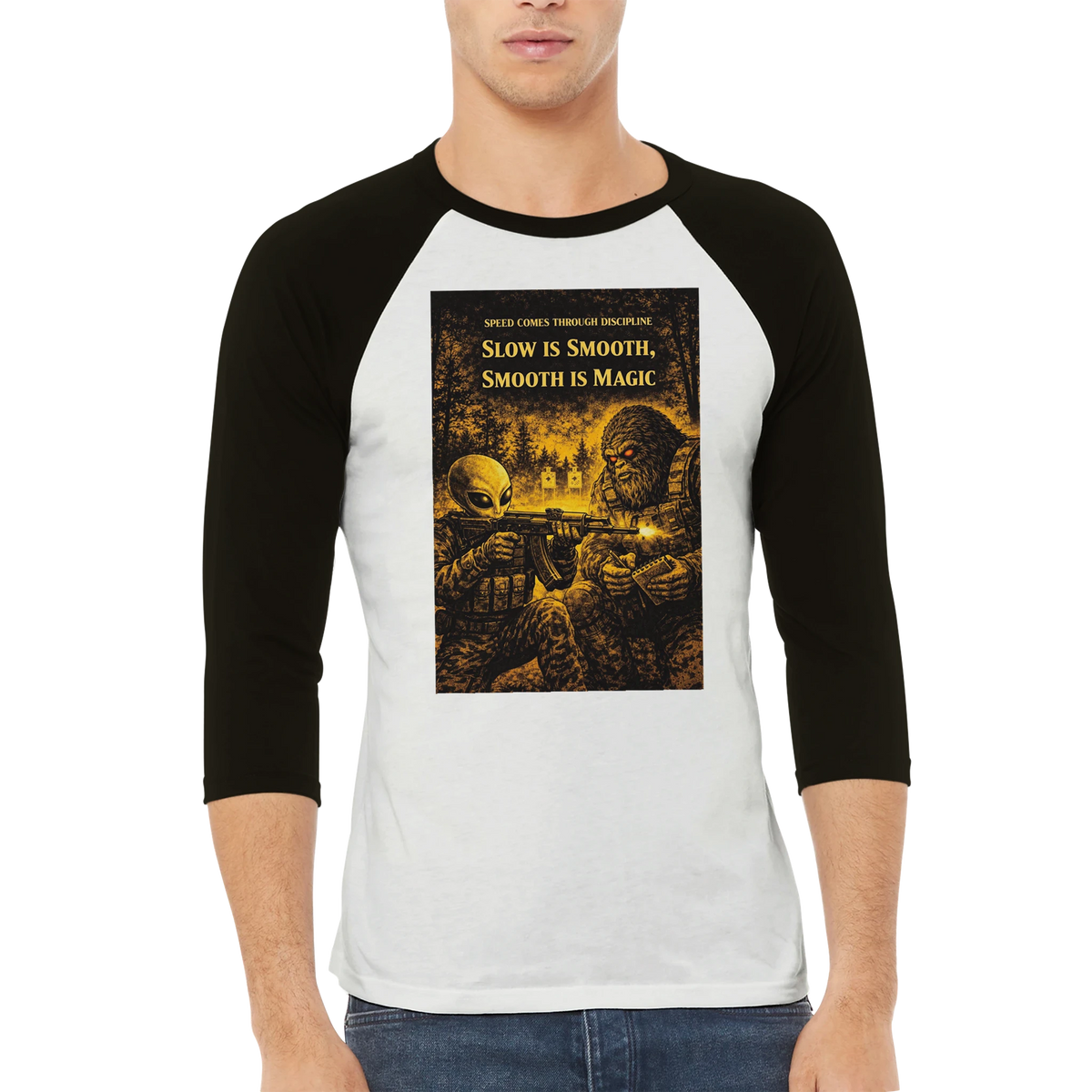 Train Hard Hex Harder raglan t-shirt, Appalachian Wizard Gang design – alternate view