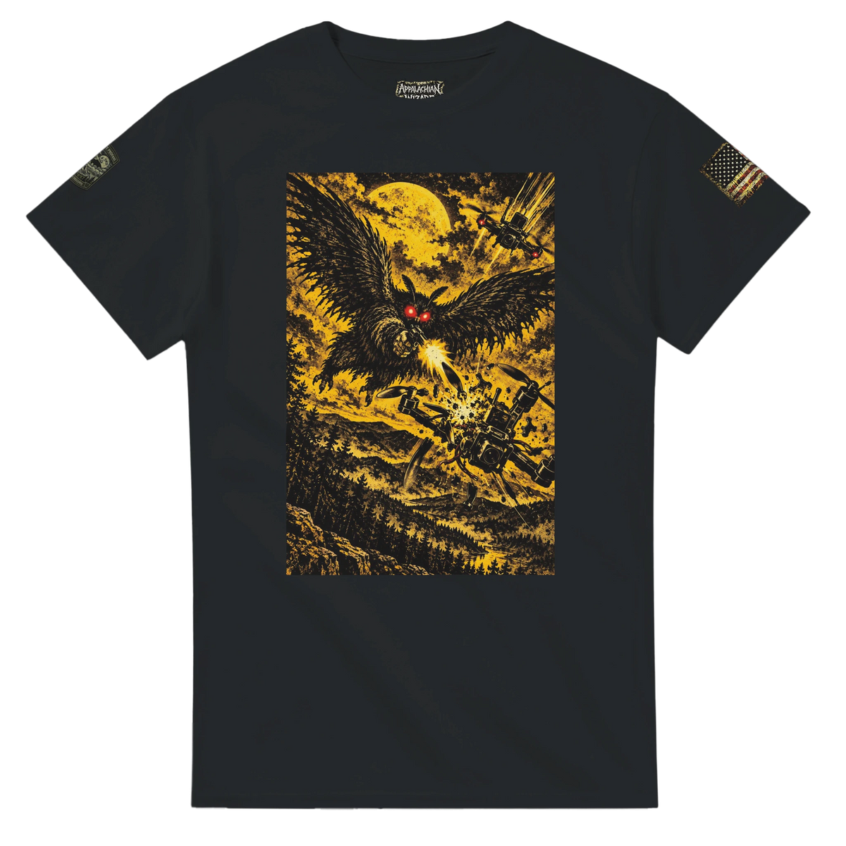 Mothman vs Machine cryptid t-shirt, Appalachian Wizard Gang design