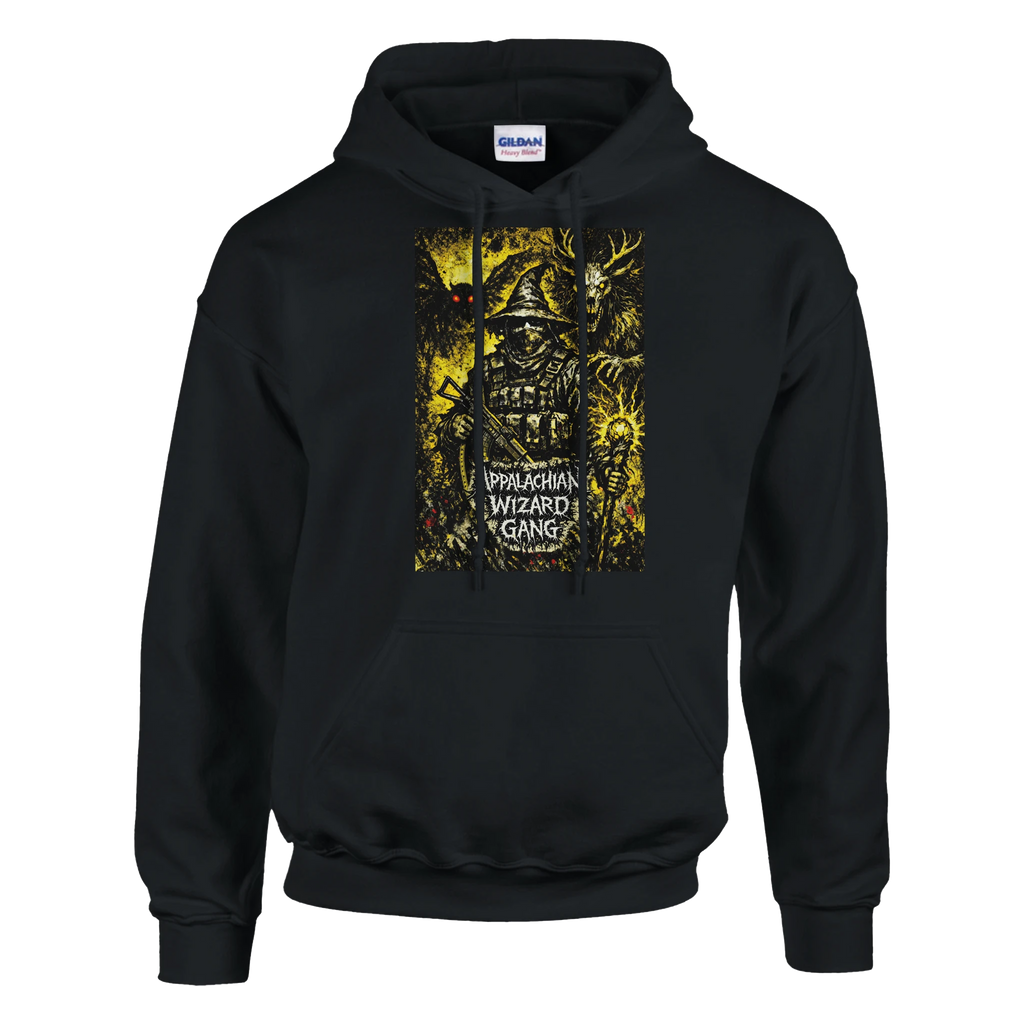 Appalachian Wizard Gang black pullover hoodie with cryptid design