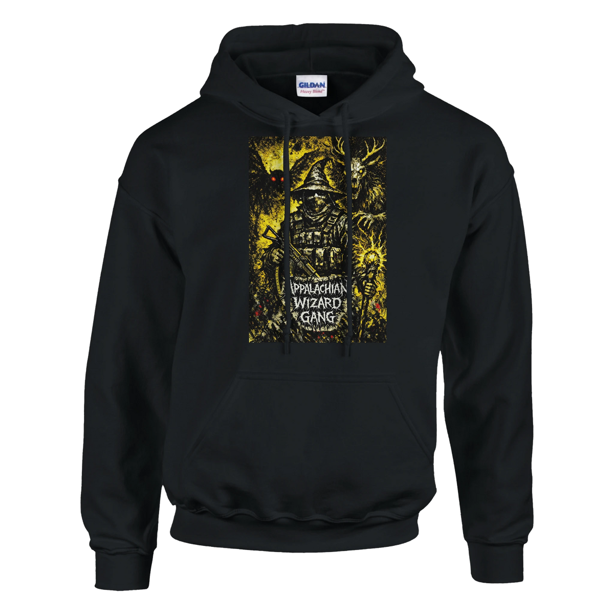 Appalachian Wizard Gang black pullover hoodie with cryptid design