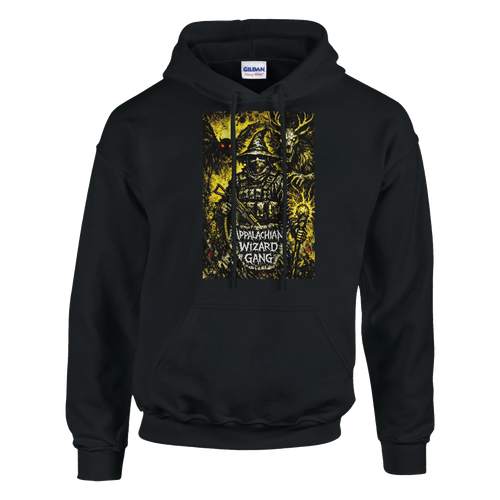 Appalachian Wizard Gang black pullover hoodie with cryptid design