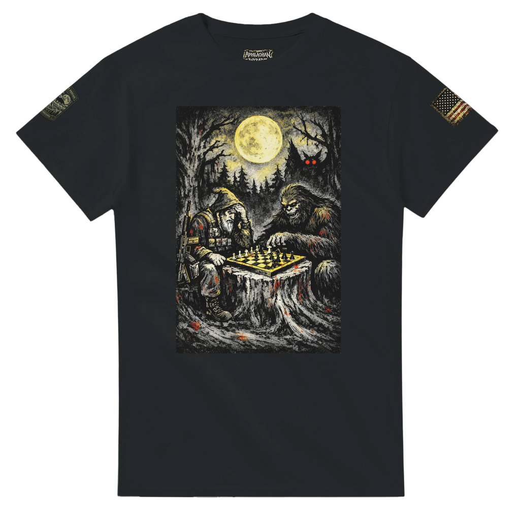 Backwoods wizard playing midnight chess with Bigfoot under a full moon, cryptid t-shirt