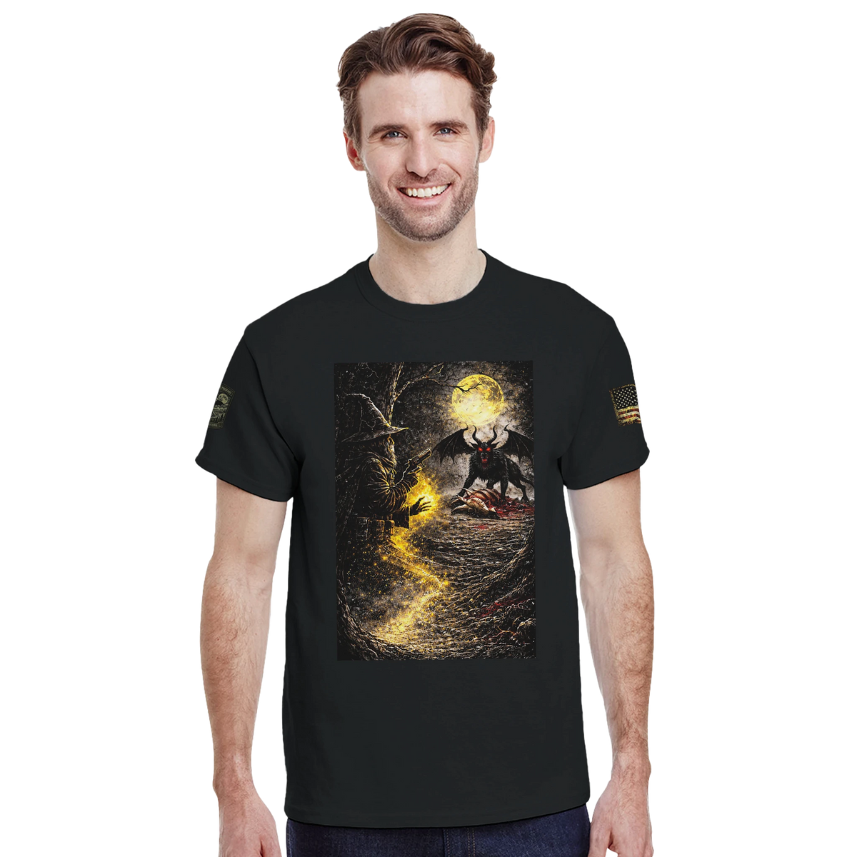 Appalachian Wizard Gang member facing the Jersey Devil in moonlit wilderness, cryptid t-shirt – alternate view
