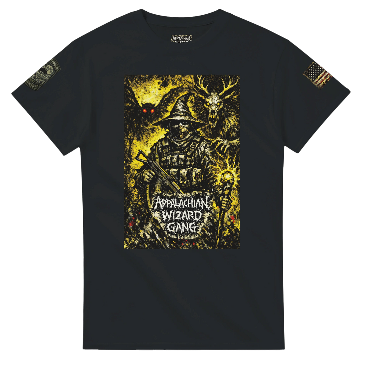 Arch-Magus wizard facing Skinwalker and Mothman, dark Appalachian cryptid t-shirt design