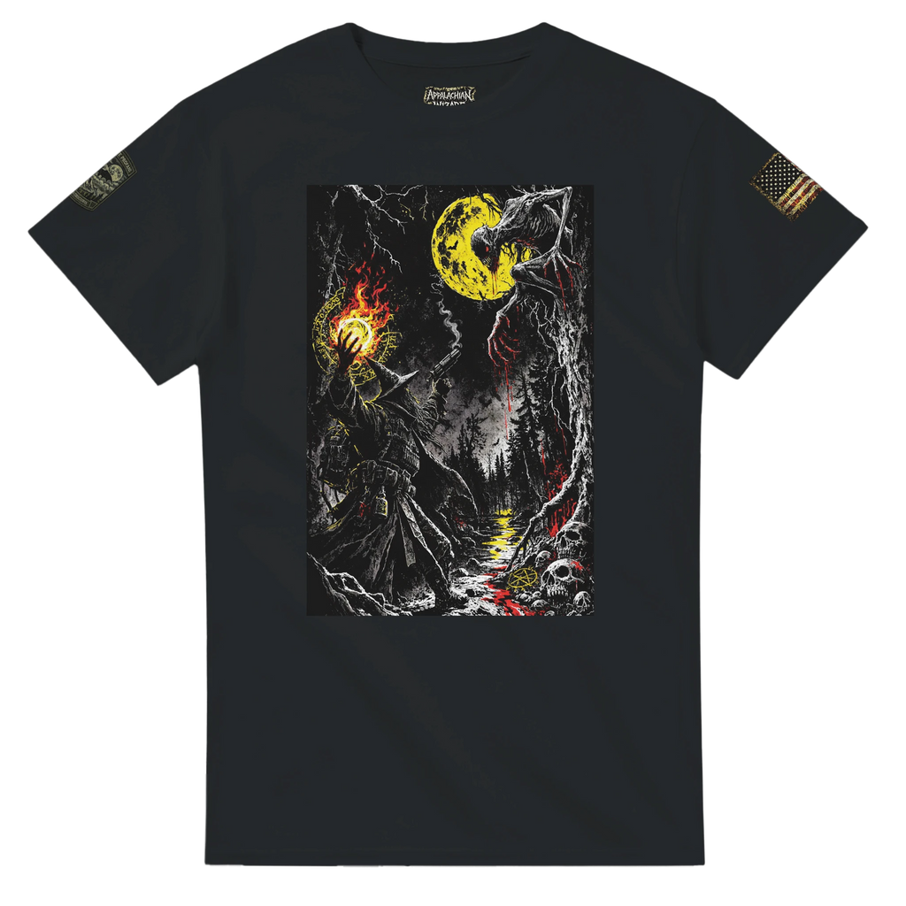 Occultist confronting the Rake in a cursed forest under a blood-red moon, cryptid t-shirt
