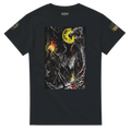 Occultist confronting the Rake in a cursed forest under a blood-red moon, cryptid t-shirt