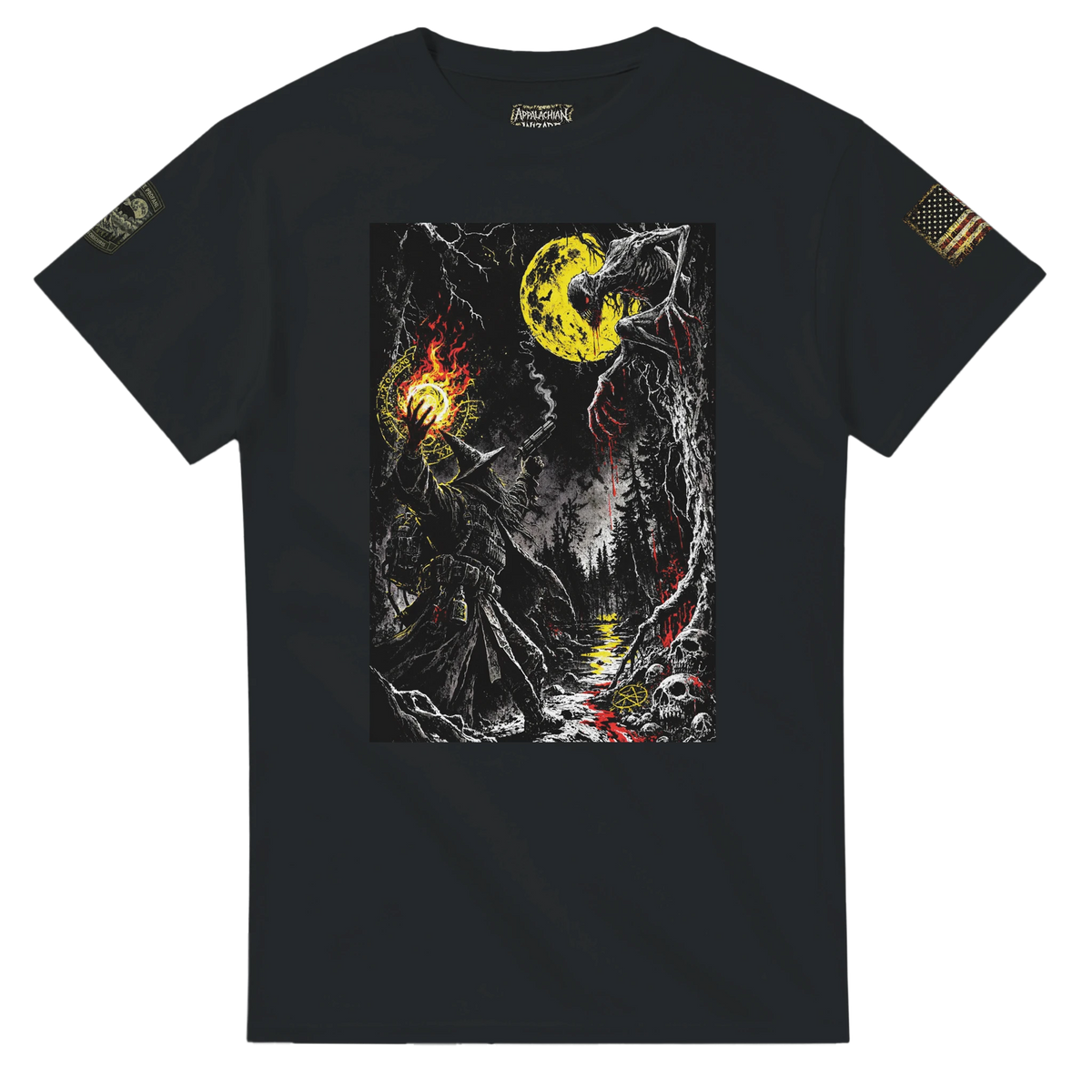 Occultist confronting the Rake in a cursed forest under a blood-red moon, cryptid t-shirt