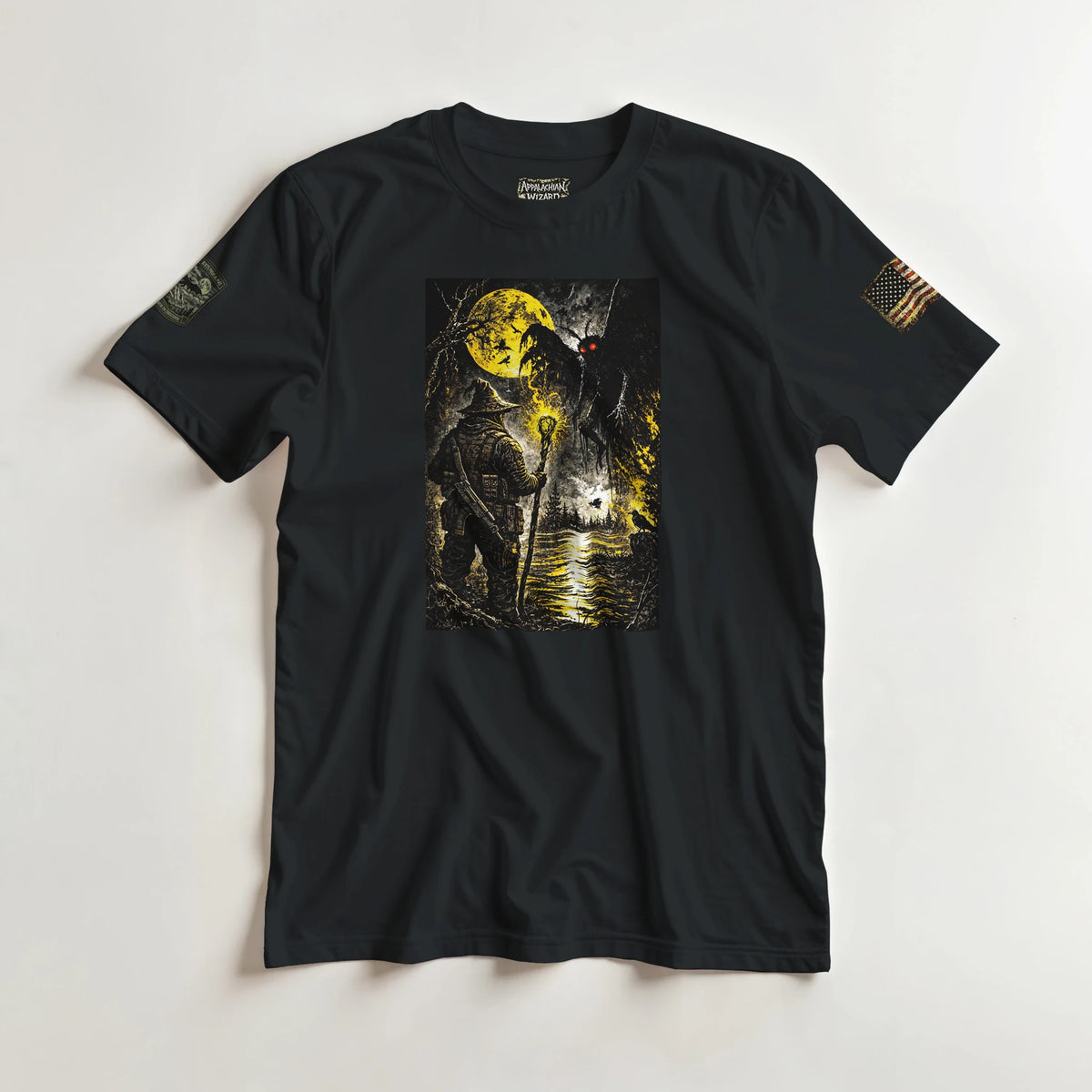Arch-Magus meeting Mothman under a golden moon, Appalachian cryptid t-shirt – alternate view