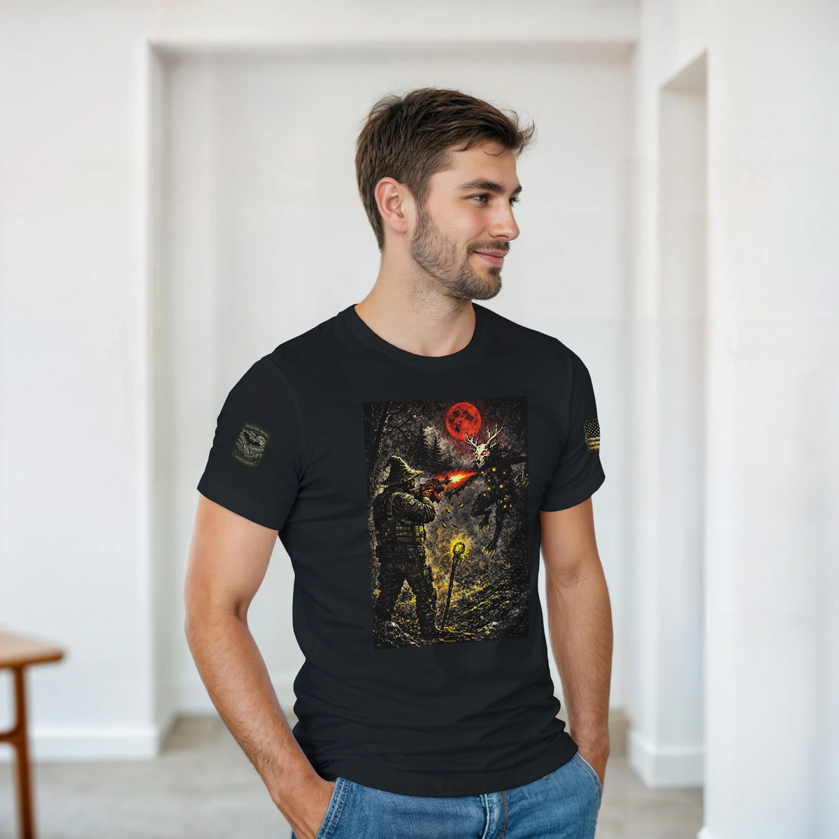 Appalachian Wizard Gang operative facing a Wendigo under a blood-red moon, cryptid t-shirt – alternate view