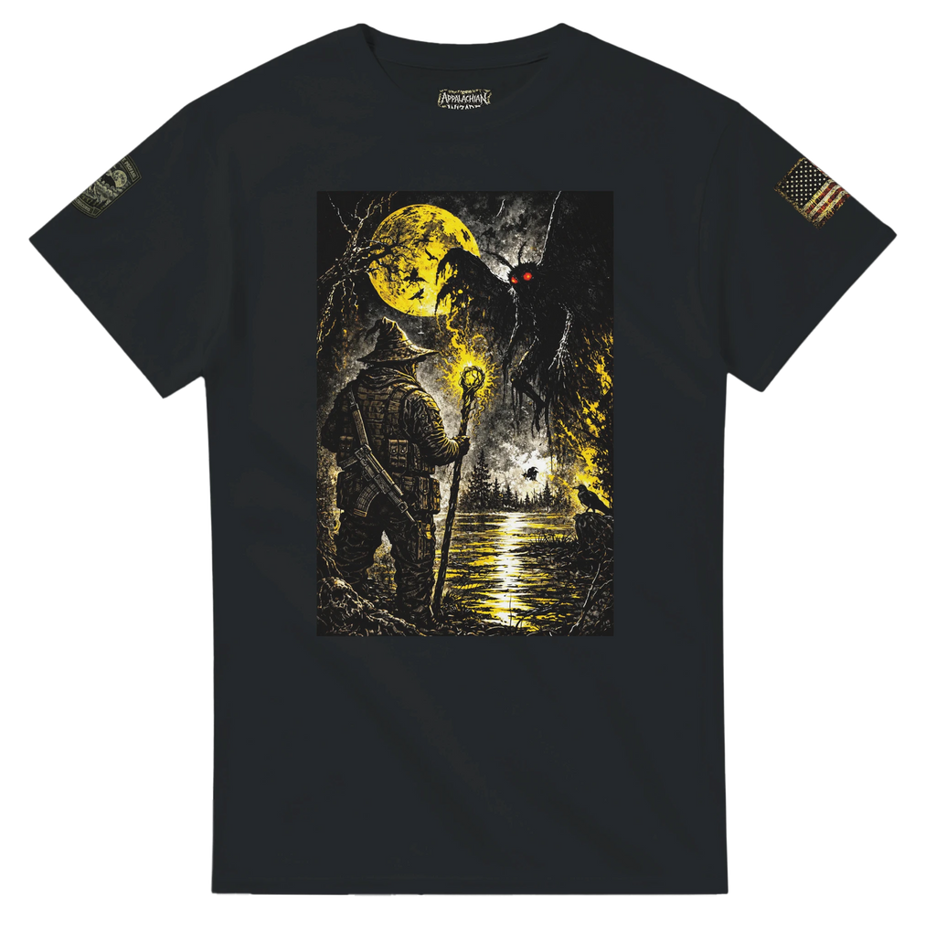 Arch-Magus meeting Mothman under a golden moon, Appalachian cryptid t-shirt