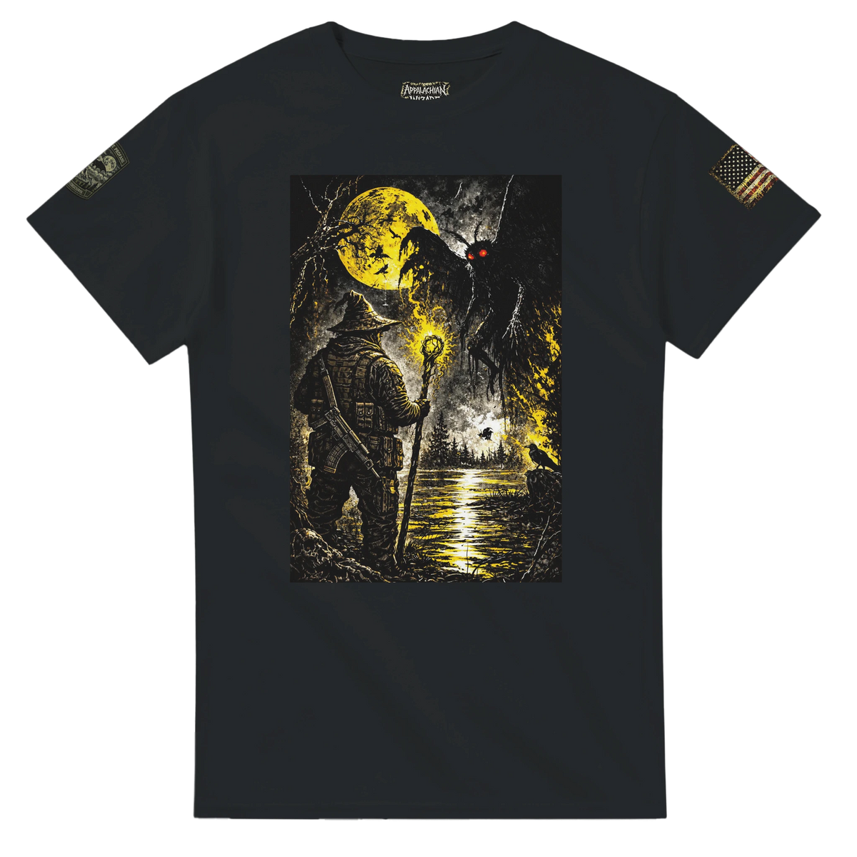 Arch-Magus meeting Mothman under a golden moon, Appalachian cryptid t-shirt
