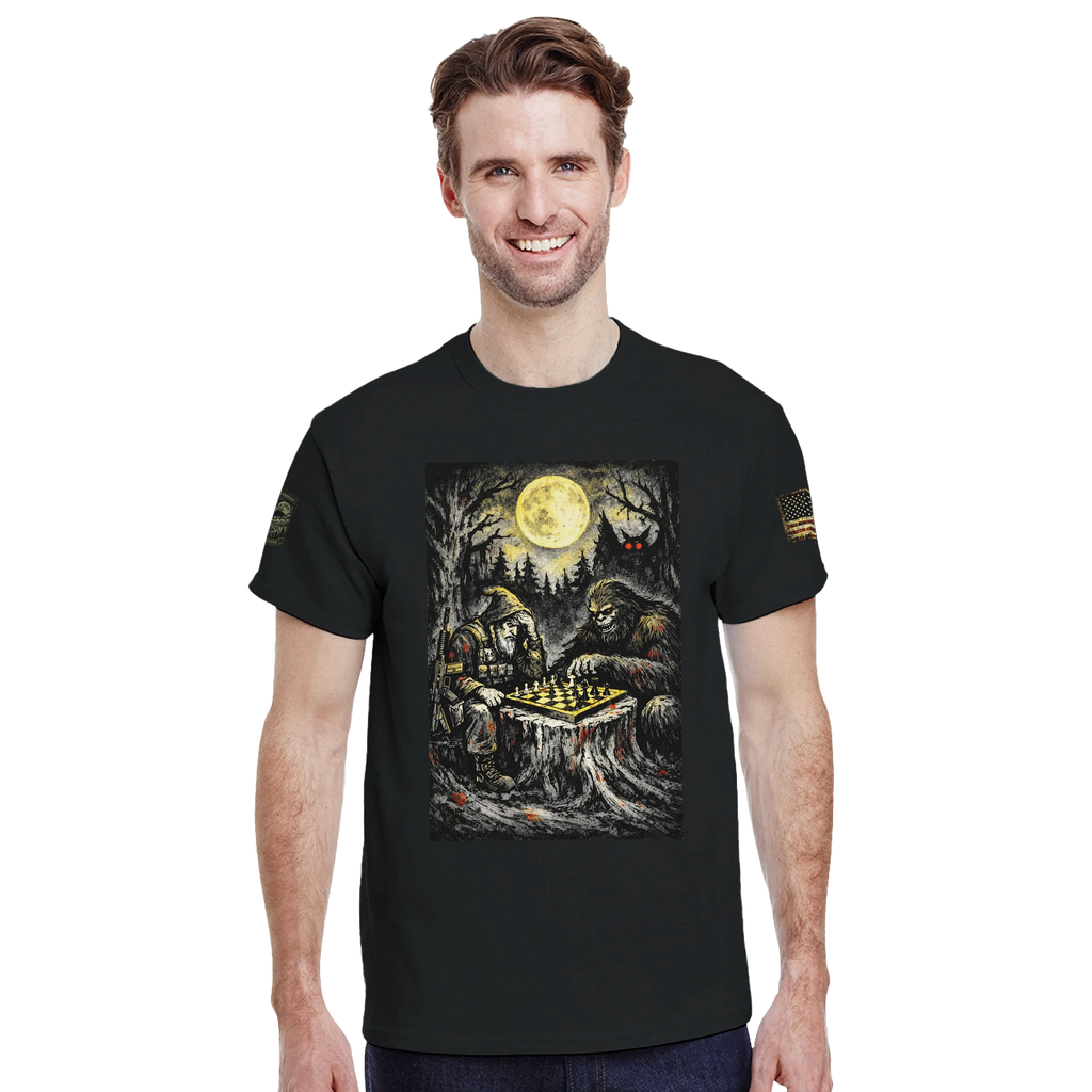 Backwoods wizard playing midnight chess with Bigfoot under a full moon, cryptid t-shirt – alternate view