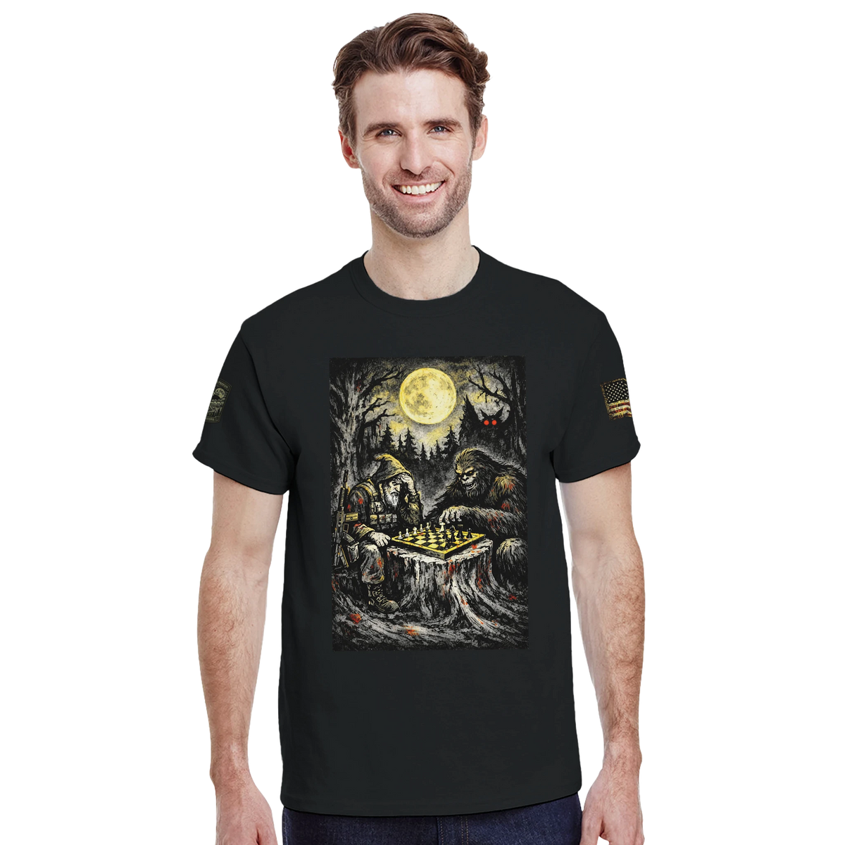 Backwoods wizard playing midnight chess with Bigfoot under a full moon, cryptid t-shirt – alternate view