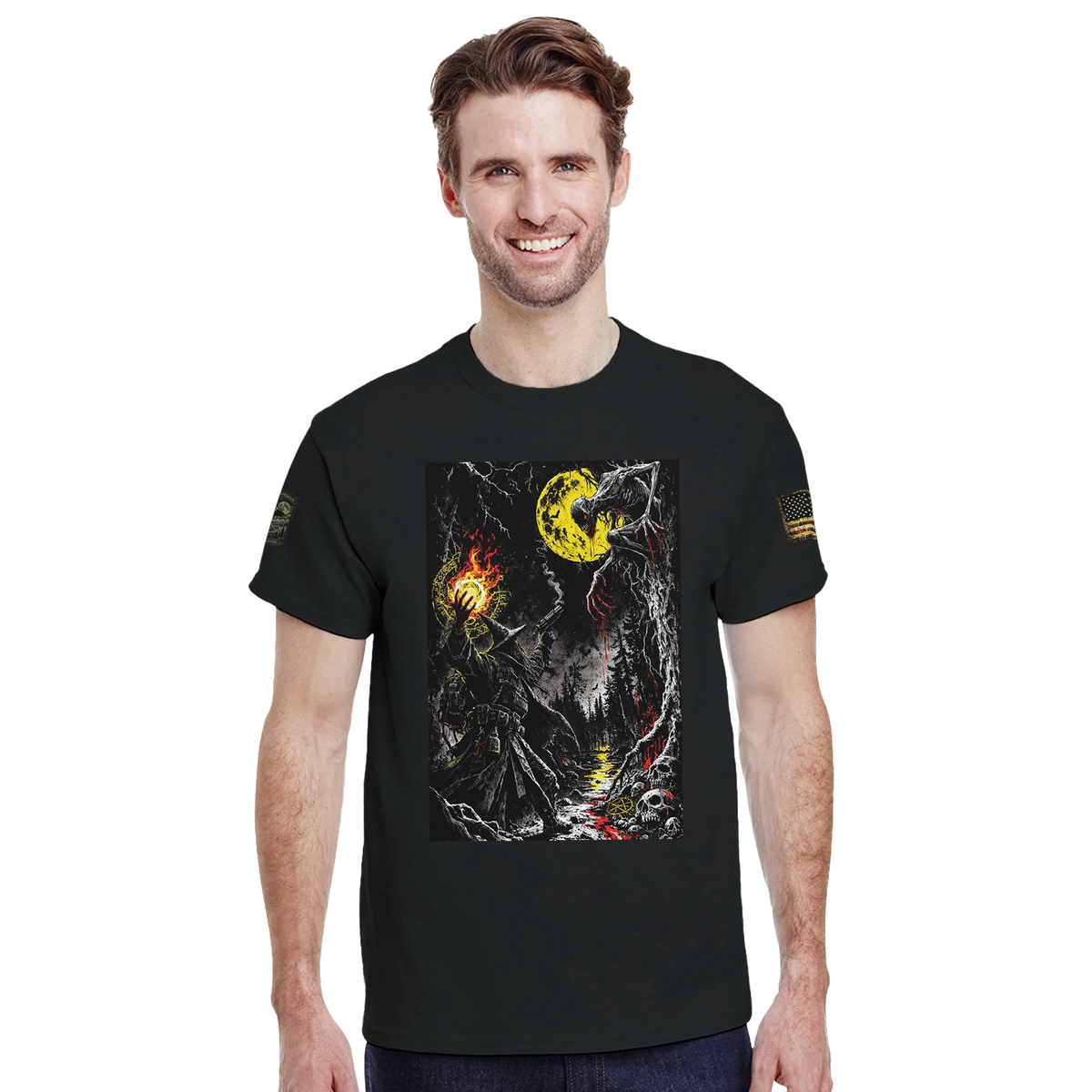 Occultist confronting the Rake in a cursed forest under a blood-red moon, cryptid t-shirt – alternate view