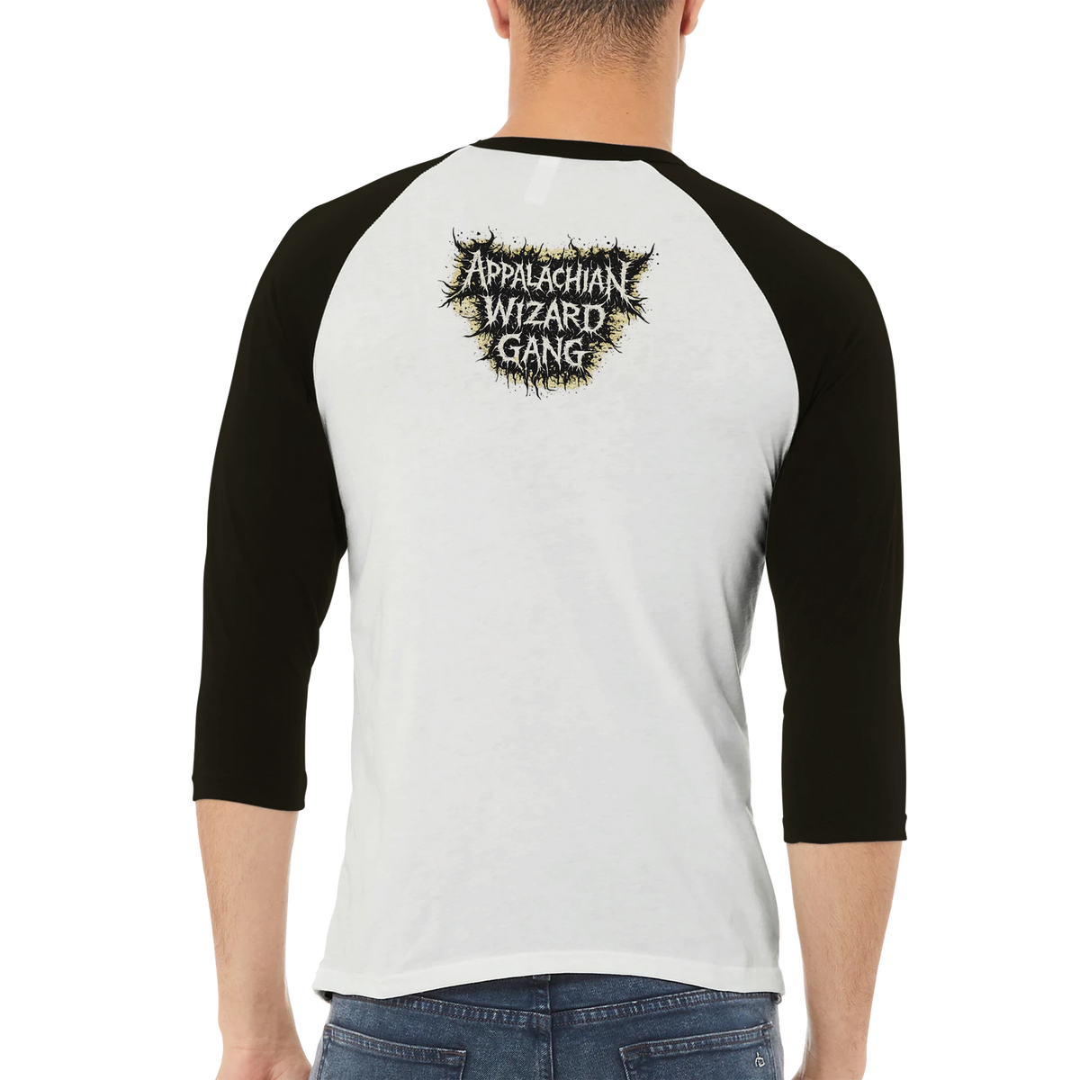 Train Hard Hex Harder raglan t-shirt, Appalachian Wizard Gang design – alternate view