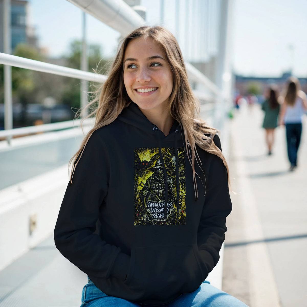 Appalachian Wizard Gang black pullover hoodie with cryptid design – alternate view