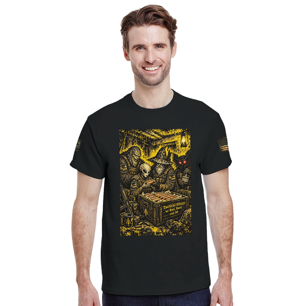 Field Resupply tactical cryptid t-shirt, Appalachian Wizard Gang design – alternate view