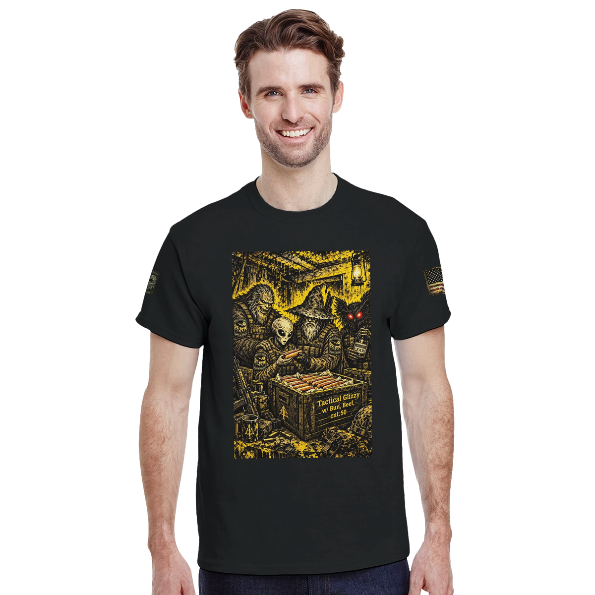 Field Resupply tactical cryptid t-shirt, Appalachian Wizard Gang design – alternate view