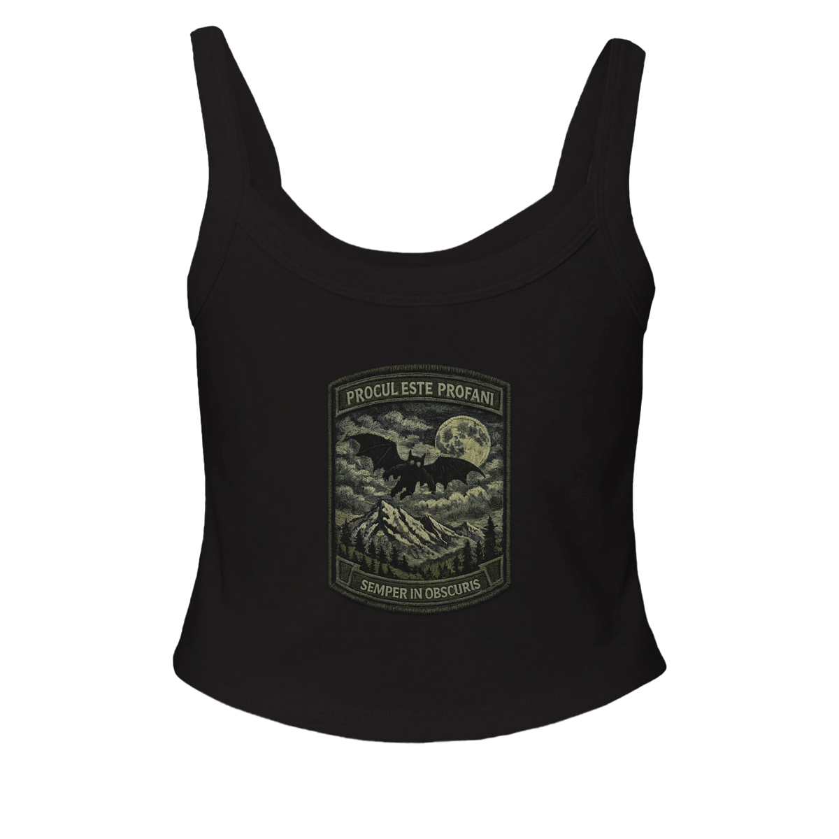 Semper in Obscuris women's scoop tank, Appalachian Wizard Gang design – alternate view