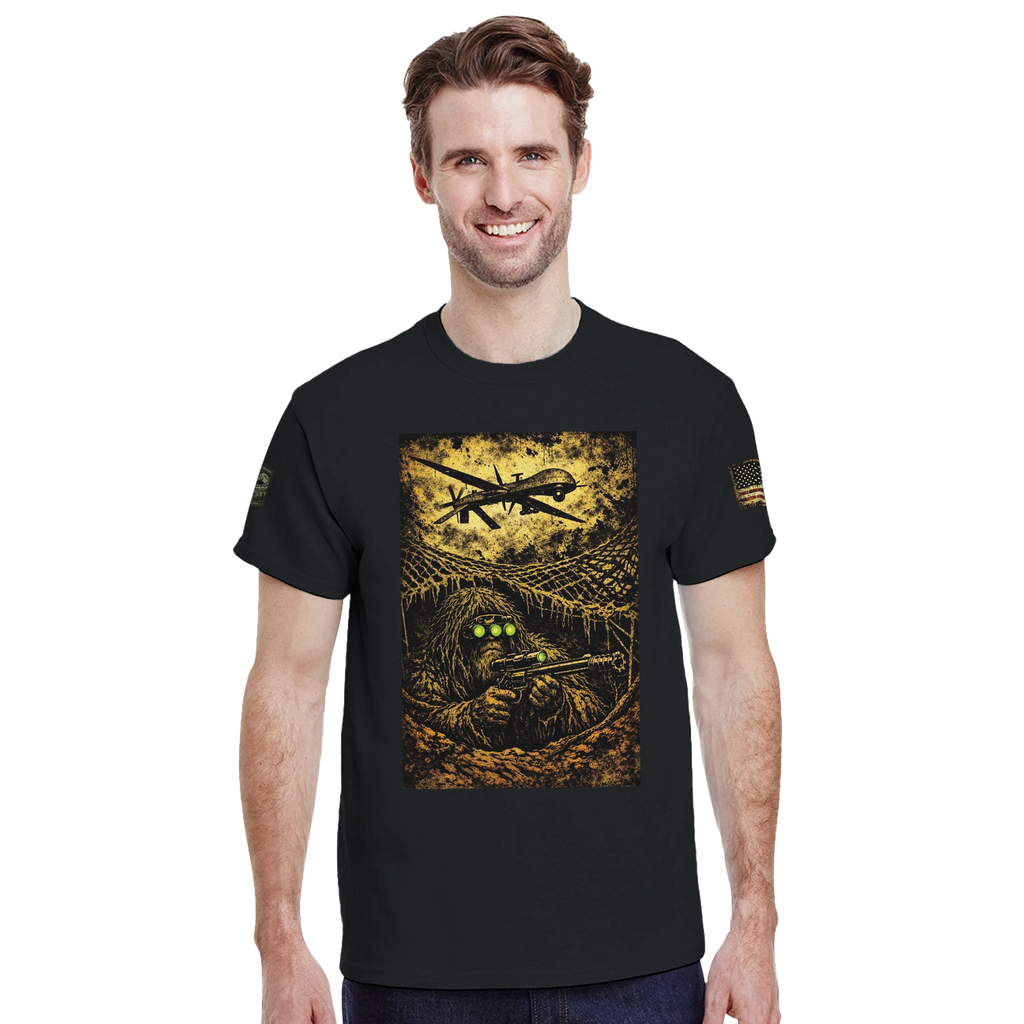 Bigfoot's OPSEC tactical cryptid t-shirt, Appalachian Wizard Gang design – alternate view