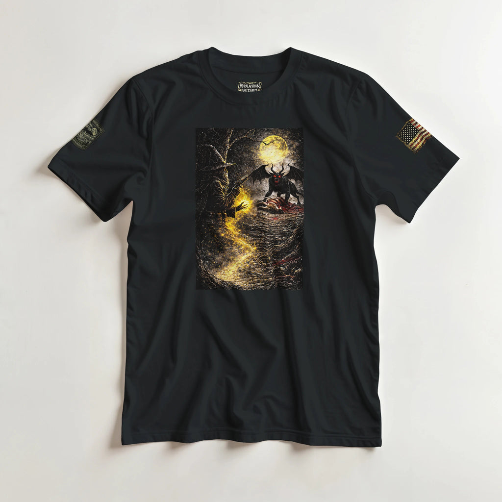Appalachian Wizard Gang member facing the Jersey Devil in moonlit wilderness, cryptid t-shirt – alternate view