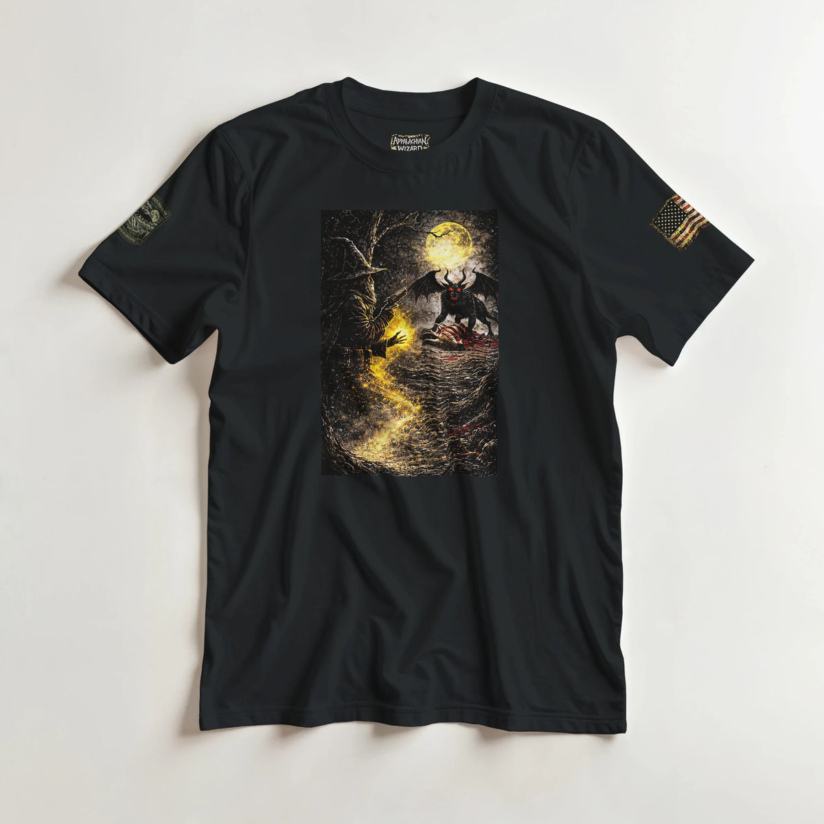 Appalachian Wizard Gang member facing the Jersey Devil in moonlit wilderness, cryptid t-shirt – alternate view