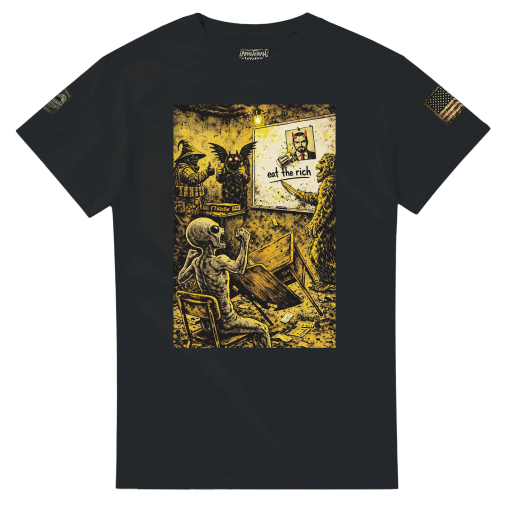 Eat the Rich statement t-shirt, Appalachian Wizard Gang design