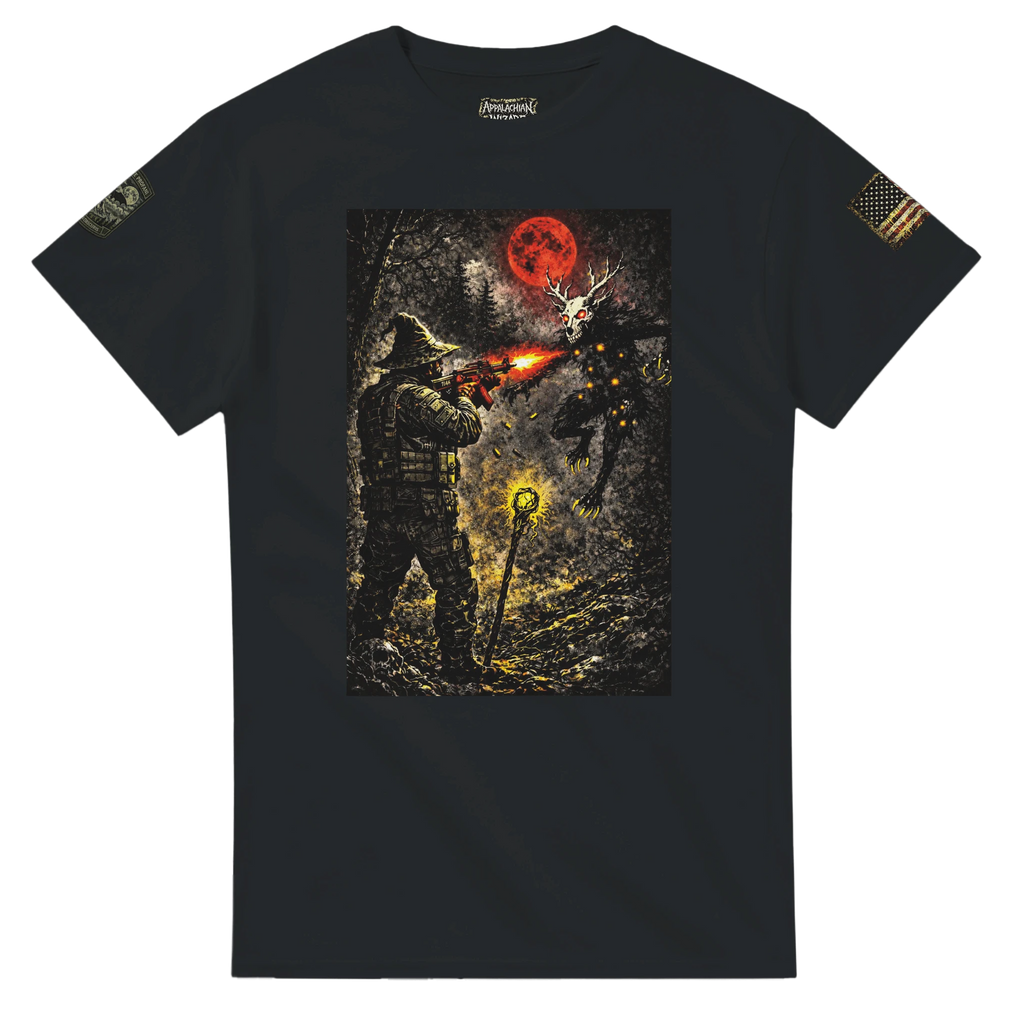 Appalachian Wizard Gang operative facing a Wendigo under a blood-red moon, cryptid t-shirt