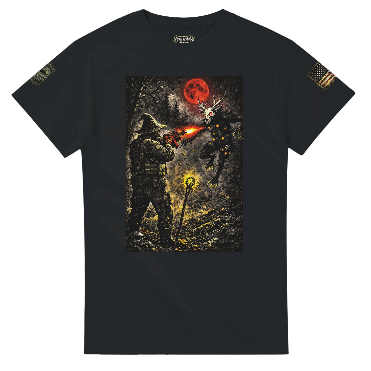Appalachian Wizard Gang operative facing a Wendigo under a blood-red moon, cryptid t-shirt
