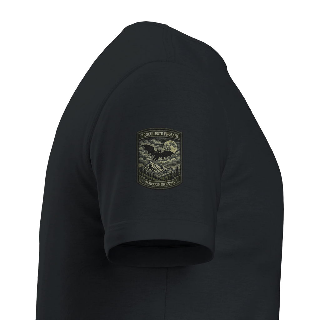 Arch-Magus meeting Mothman under a golden moon, Appalachian cryptid t-shirt – alternate view