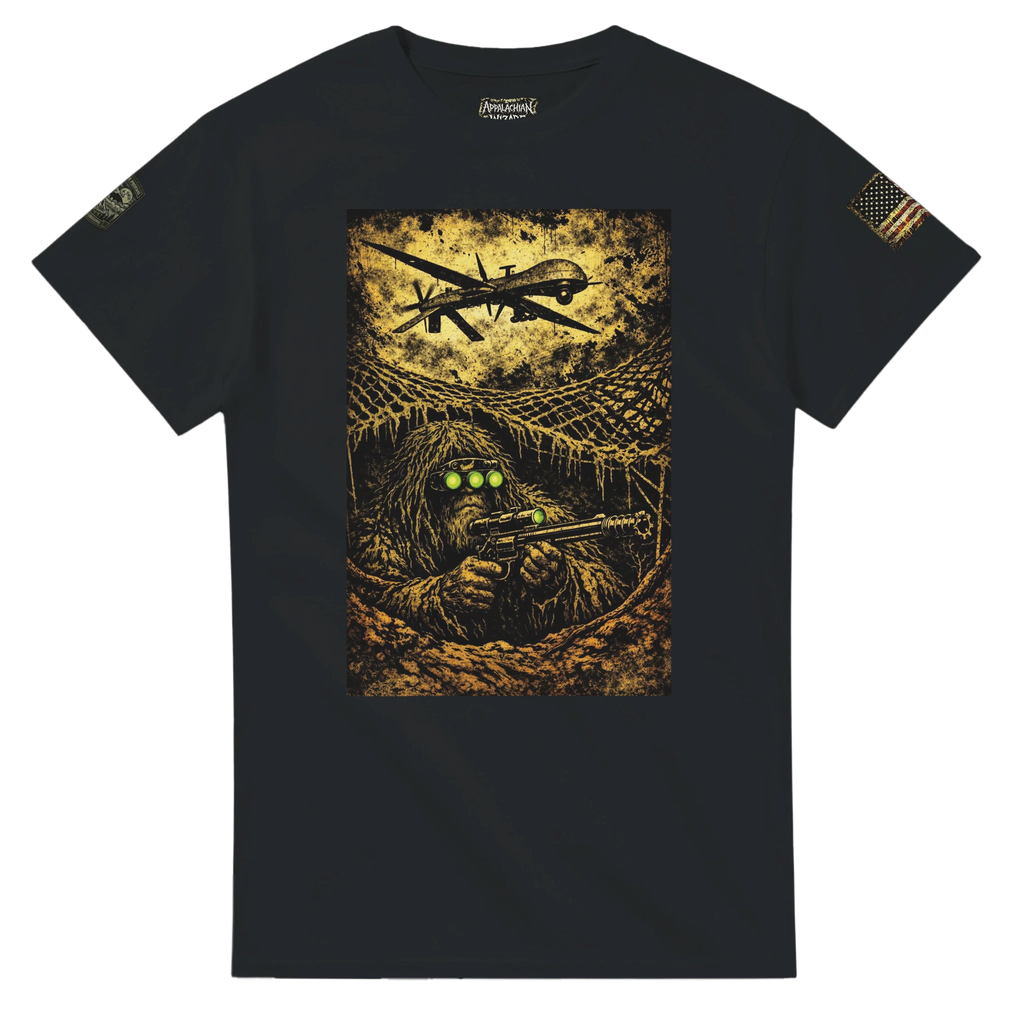 Bigfoot's OPSEC tactical cryptid t-shirt, Appalachian Wizard Gang design