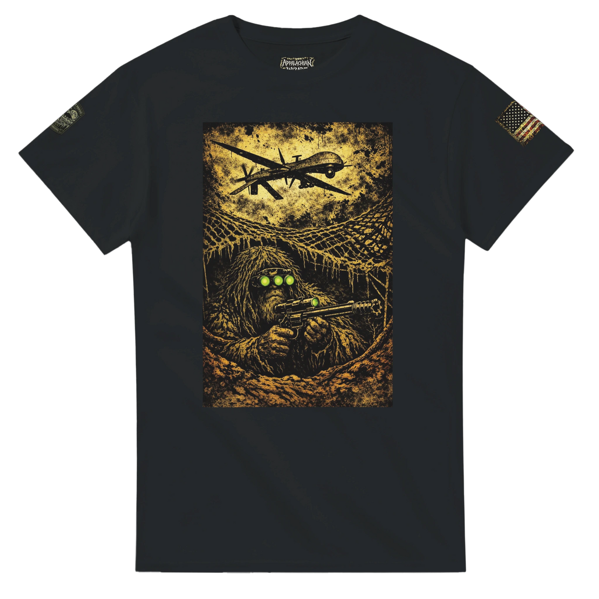 Bigfoot's OPSEC tactical cryptid t-shirt, Appalachian Wizard Gang design