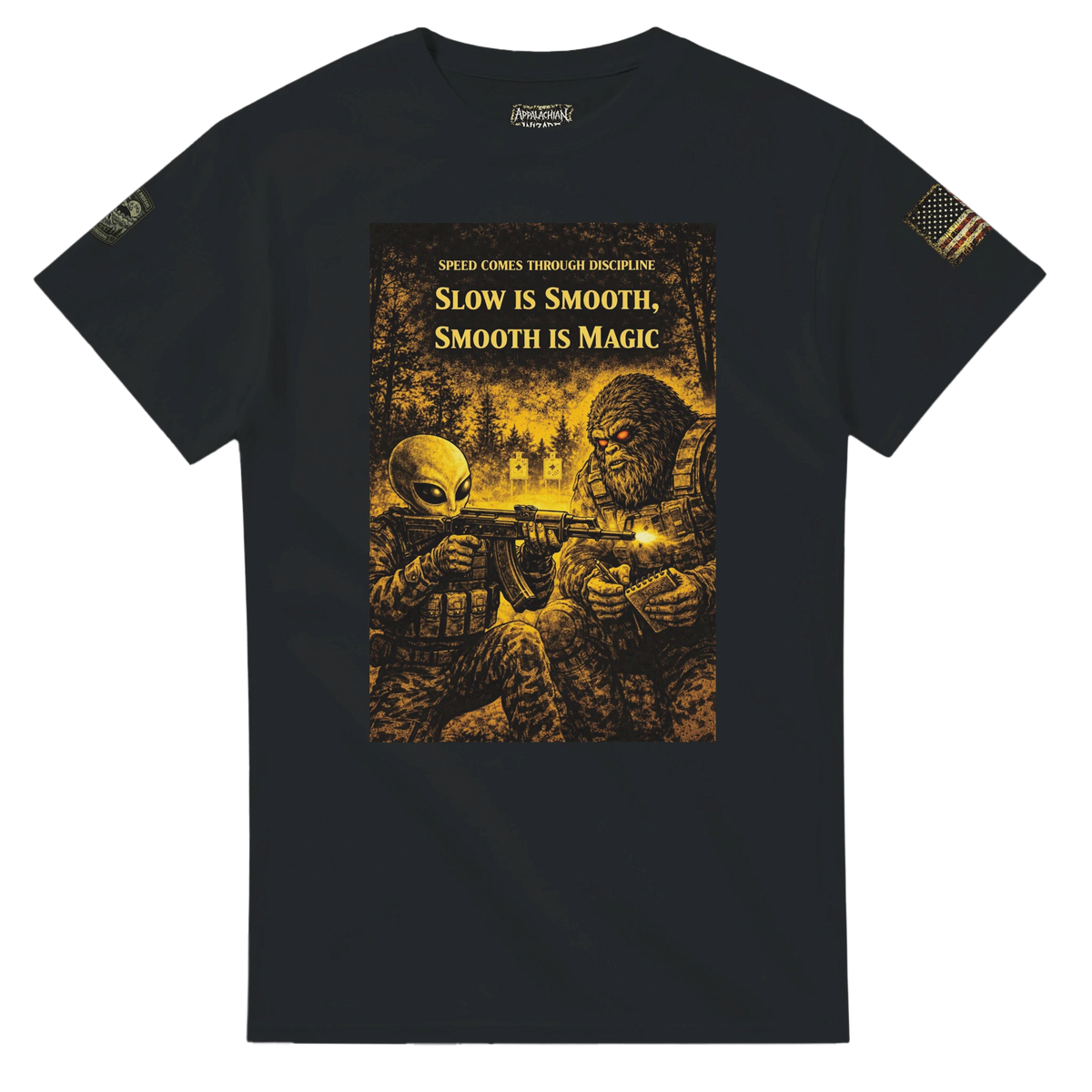 Slow Is Smooth tactical t-shirt, Appalachian Wizard Gang design