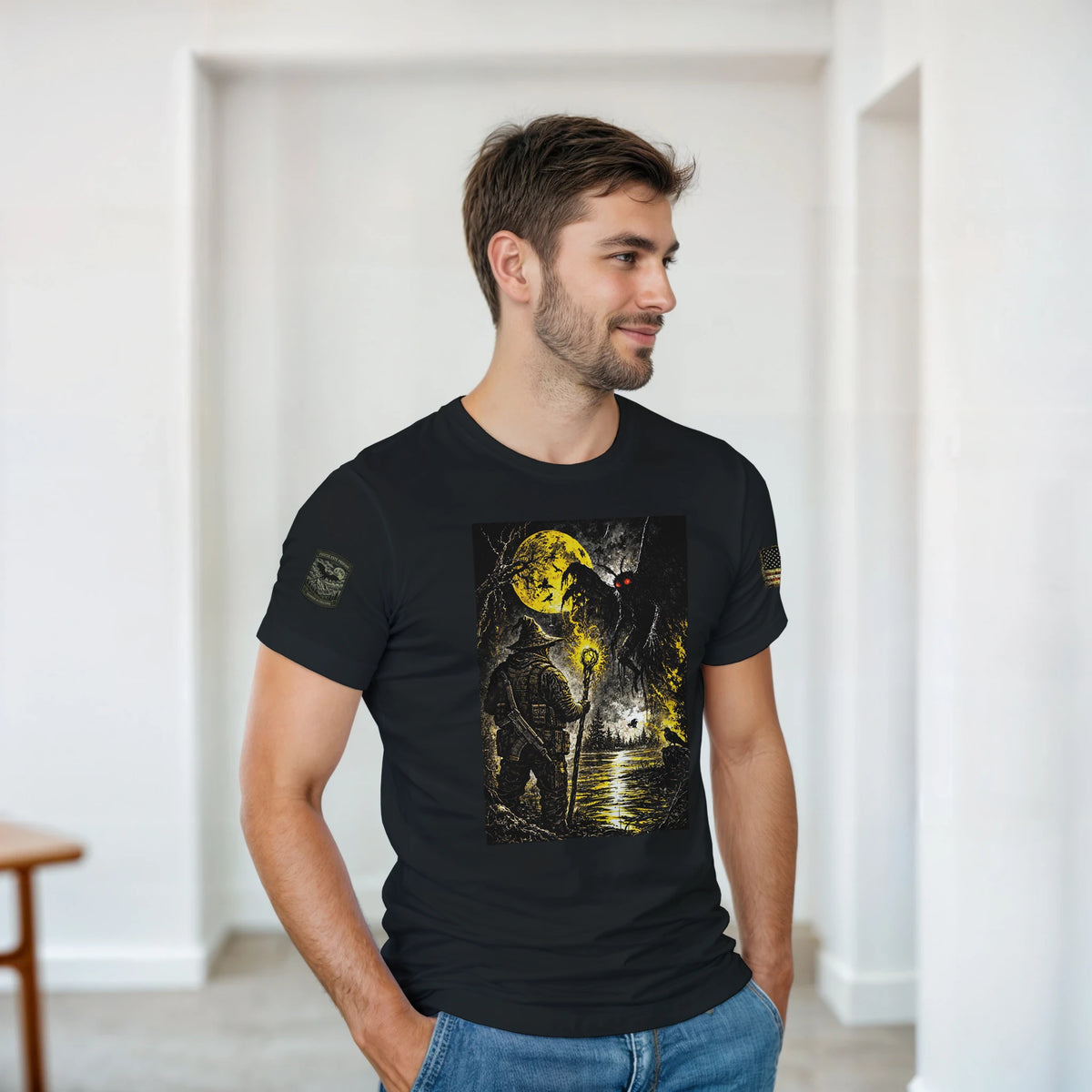 Arch-Magus meeting Mothman under a golden moon, Appalachian cryptid t-shirt – alternate view