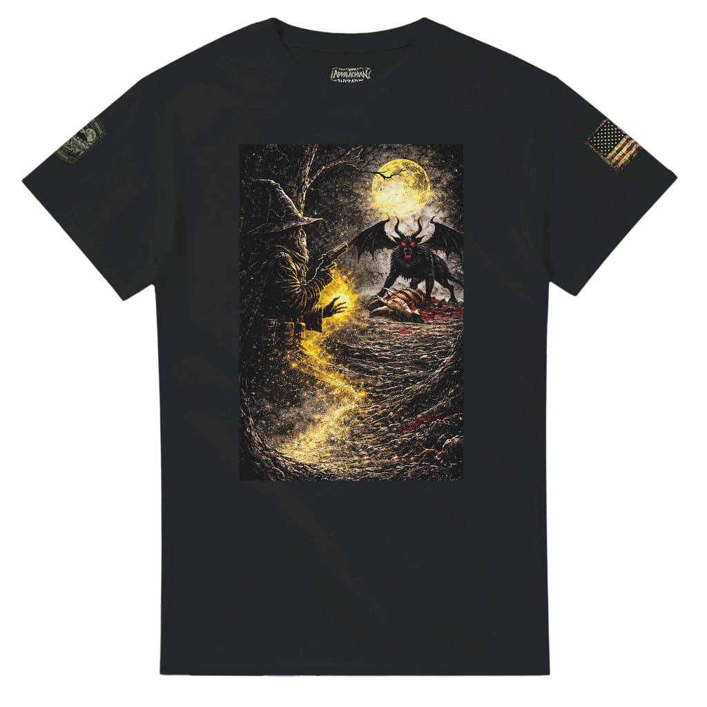 Appalachian Wizard Gang member facing the Jersey Devil in moonlit wilderness, cryptid t-shirt