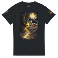 Appalachian Wizard Gang member facing the Jersey Devil in moonlit wilderness, cryptid t-shirt