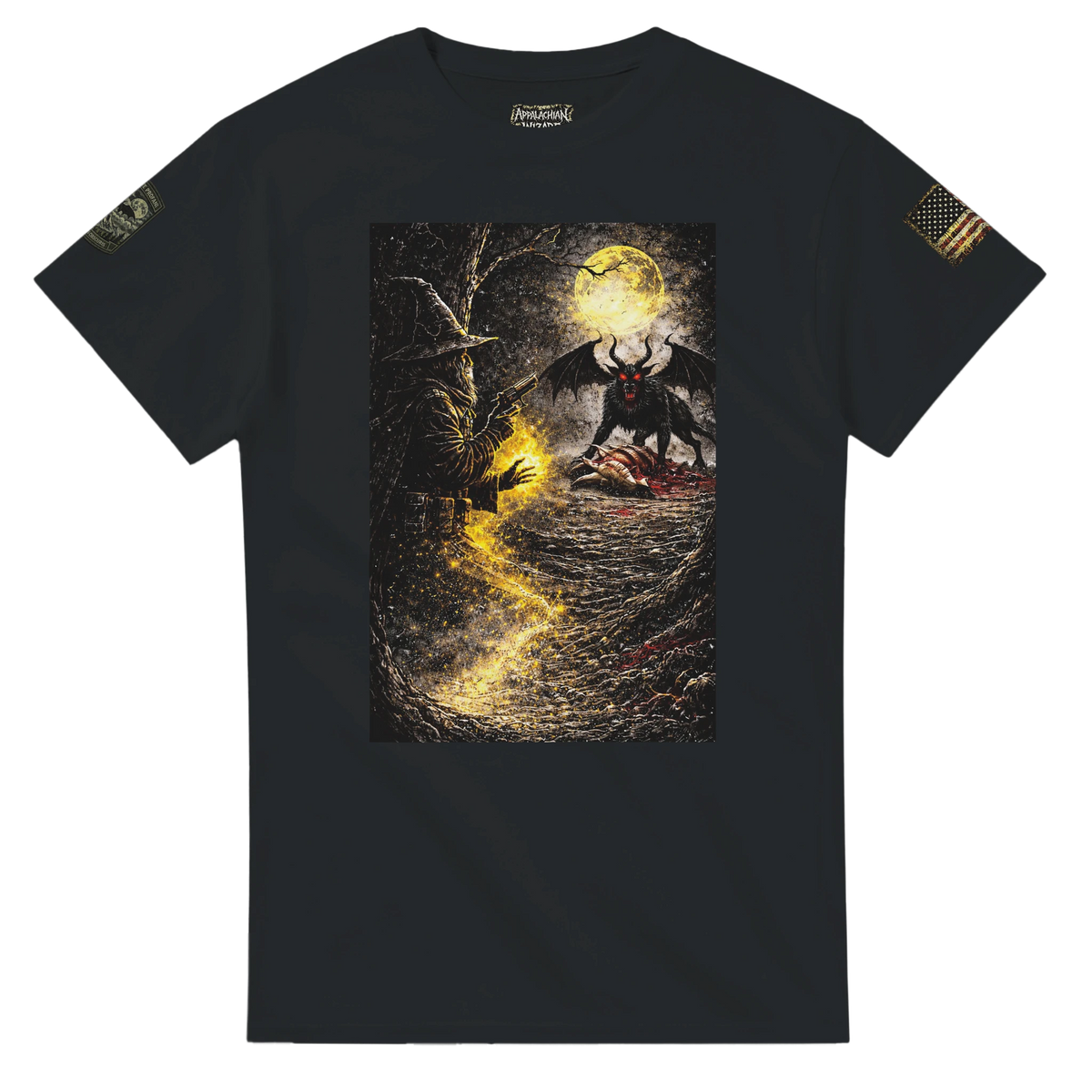 Appalachian Wizard Gang member facing the Jersey Devil in moonlit wilderness, cryptid t-shirt