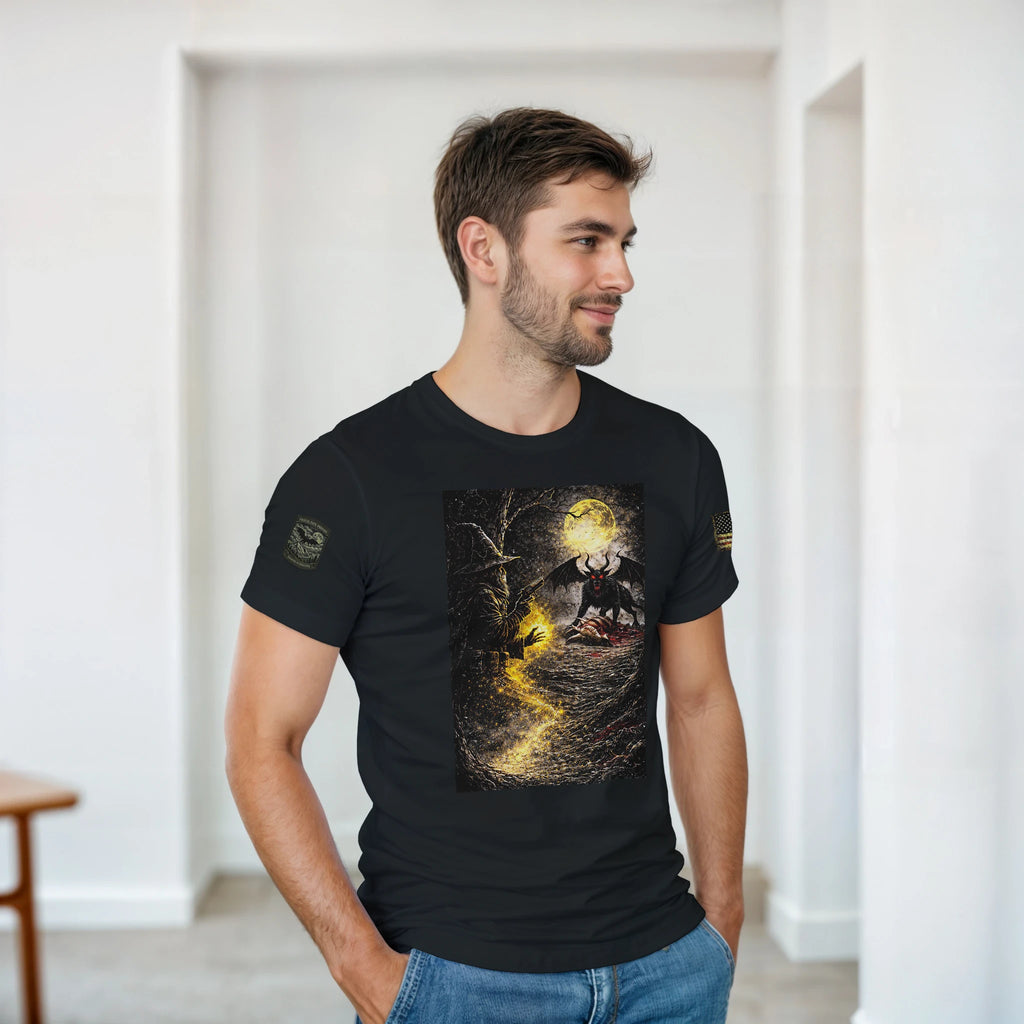 Appalachian Wizard Gang member facing the Jersey Devil in moonlit wilderness, cryptid t-shirt – alternate view