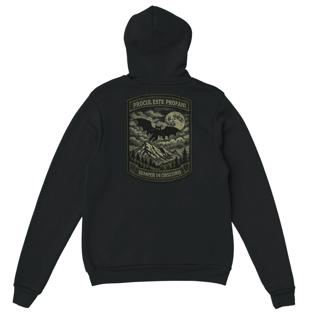 Appalachian Wizard Gang black pullover hoodie with cryptid design – alternate view