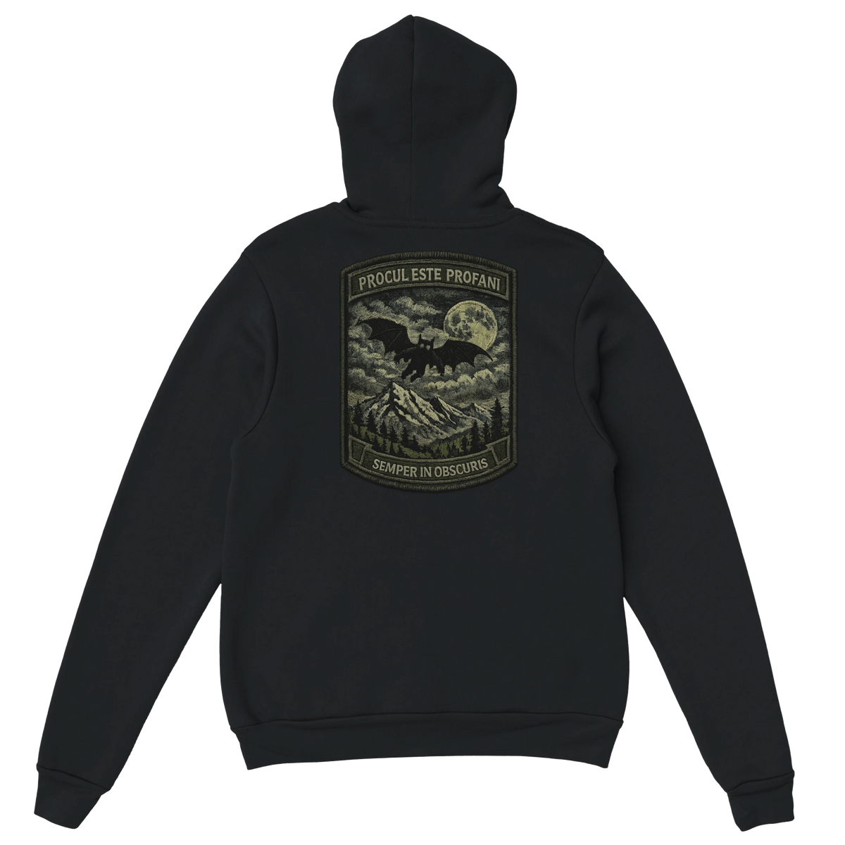 Appalachian Wizard Gang black pullover hoodie with cryptid design – alternate view