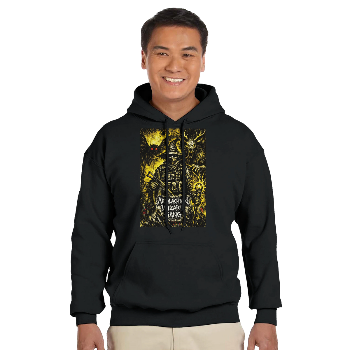 Appalachian Wizard Gang black pullover hoodie with cryptid design – alternate view