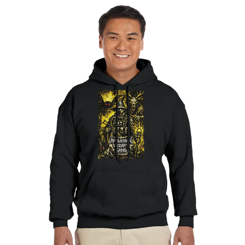 Appalachian Wizard Gang black pullover hoodie with cryptid design – alternate view