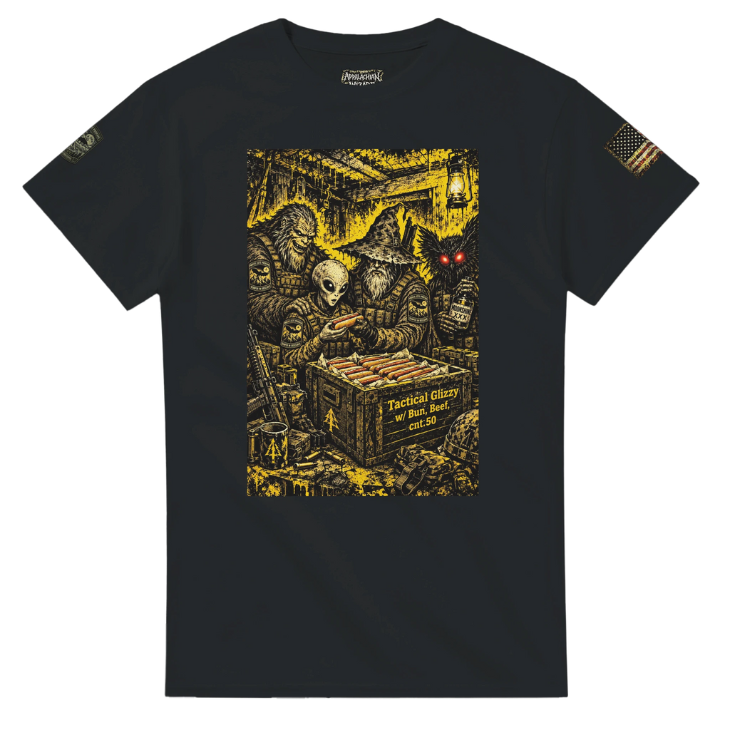 Field Resupply tactical cryptid t-shirt, Appalachian Wizard Gang design