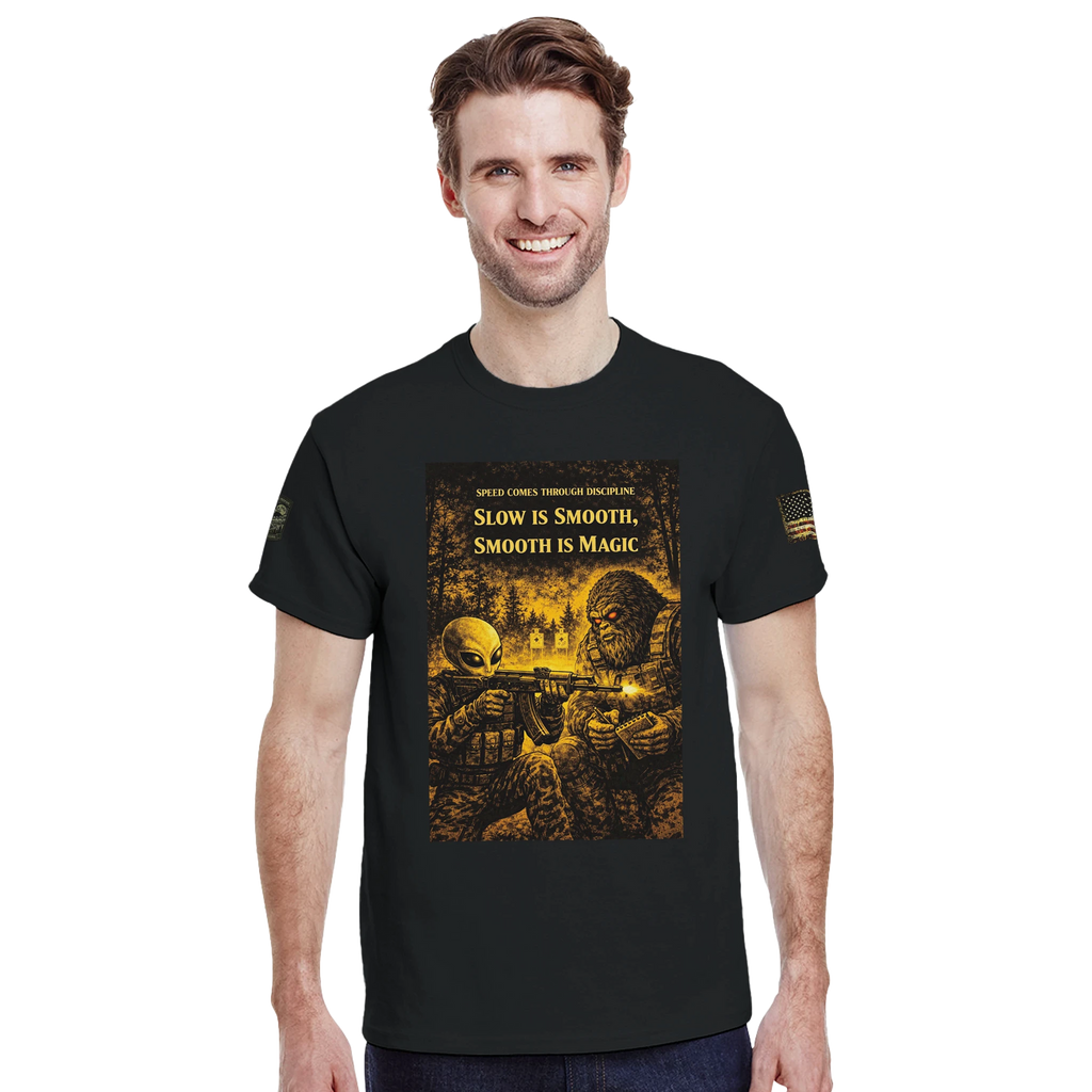 Slow Is Smooth tactical t-shirt, Appalachian Wizard Gang design – alternate view