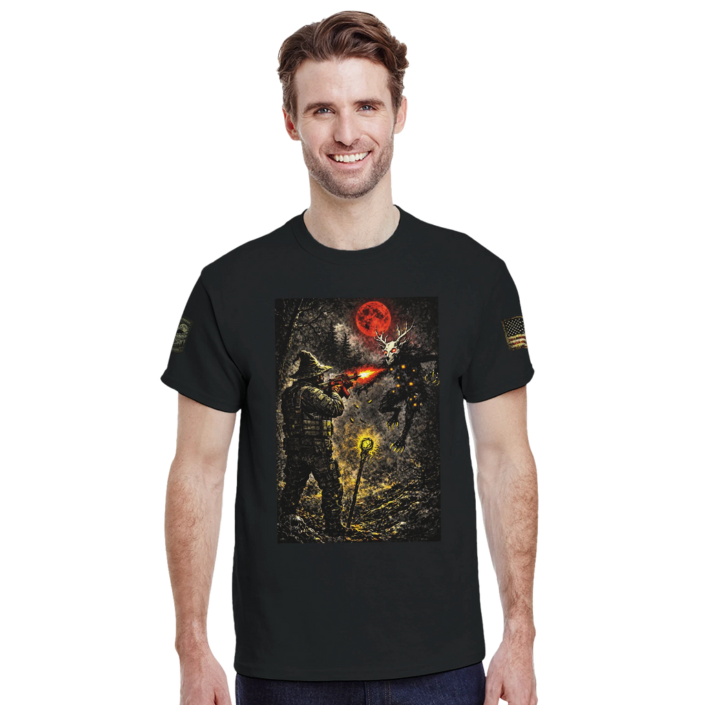 Appalachian Wizard Gang operative facing a Wendigo under a blood-red moon, cryptid t-shirt – alternate view