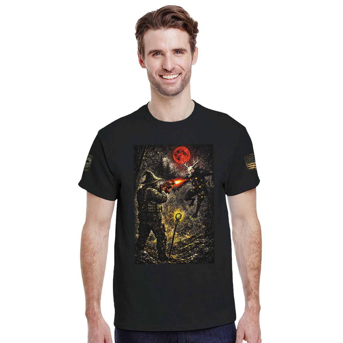 Appalachian Wizard Gang operative facing a Wendigo under a blood-red moon, cryptid t-shirt – alternate view